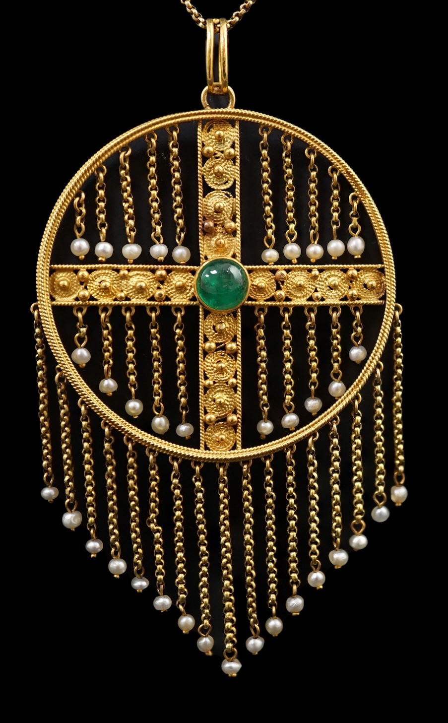 An Edwardian gold, single stone cabochon emerald and seed pearl cluster set tassel drop pendant on chain